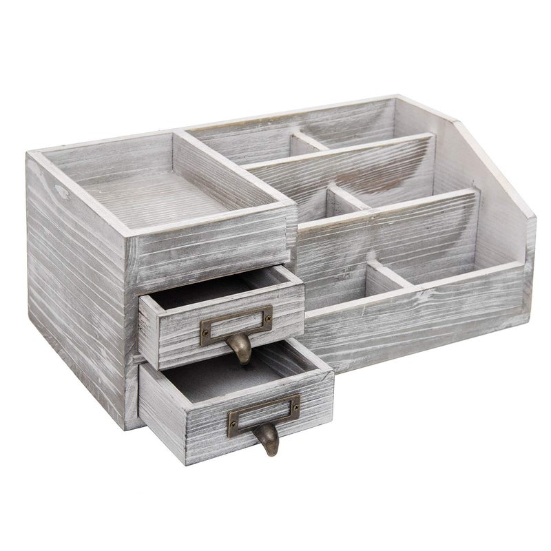 VERGOODR Distressed Rustic Wooden Office Desktop Organizer Wood Shelf Tabletop Home Organizer Storage with Multiple Compartments 2 Tier Drawers,perfect Jewelry storage Display Box for Desk, Vanity (gray) - Image 2
